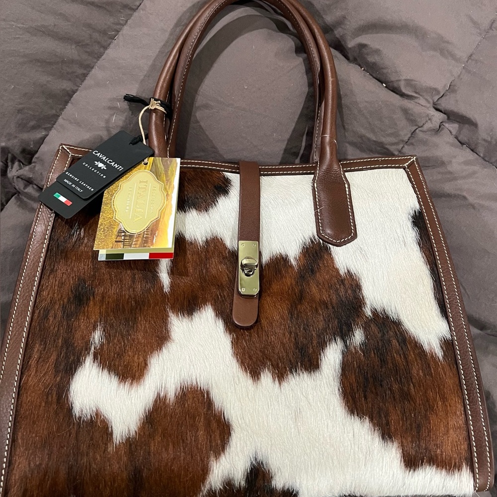 CAVALCANTI VIRAL Genuine Leather Cowhide Bag - Brown and White Made in Italy